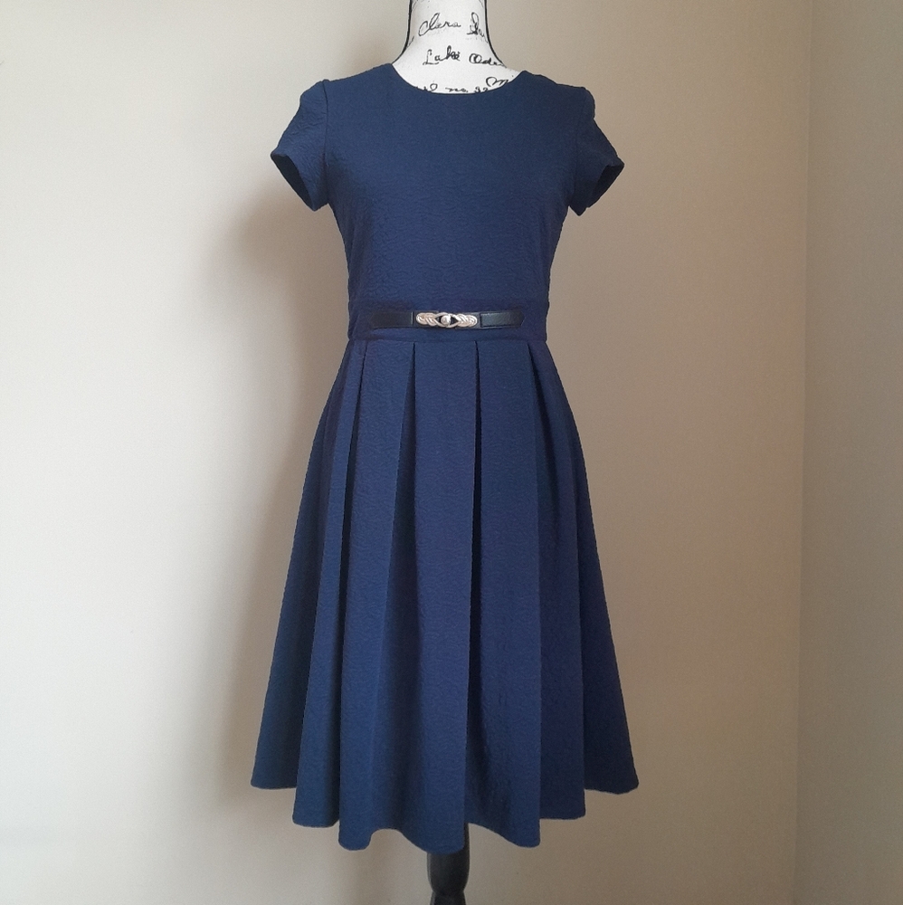 Kazo dress blue texture fit and flare short sleeve pleated womens XS